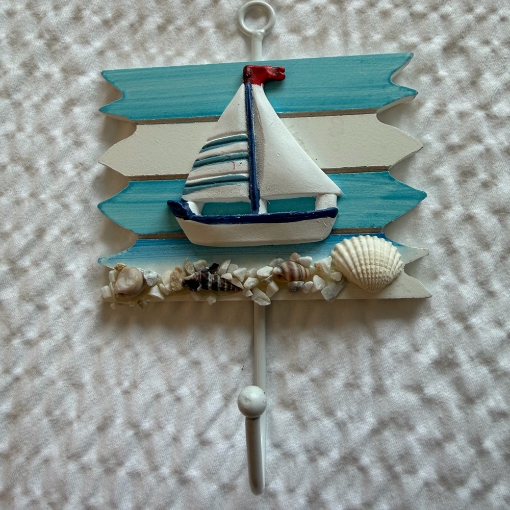 NAUTICAL SAILBOAT HOOK- Beach themed decor -towel holder great for keys, leash.